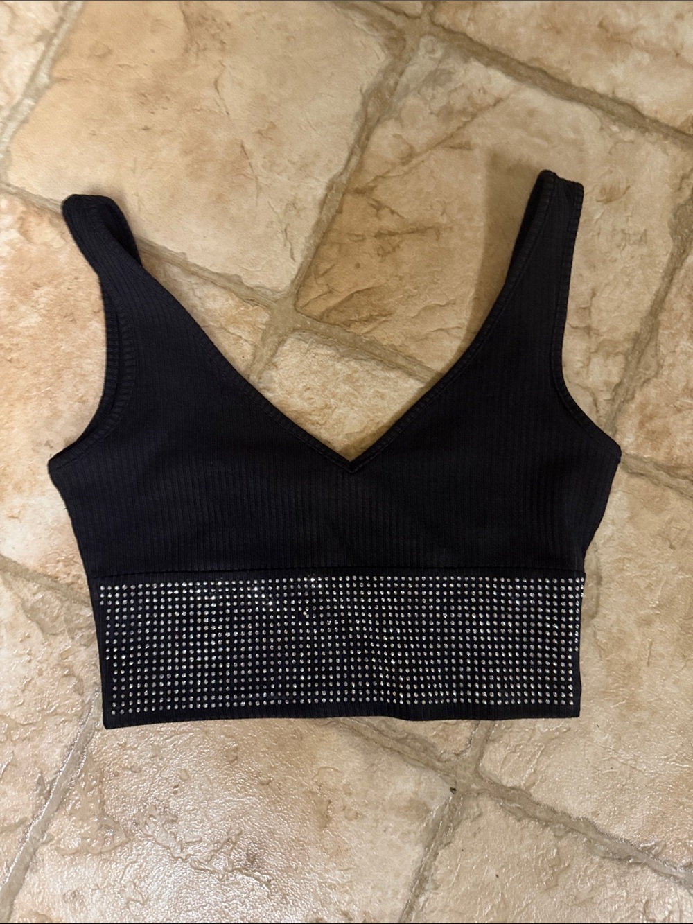 Ribbed Black V-Neck Sports Bralette with Embellished Band